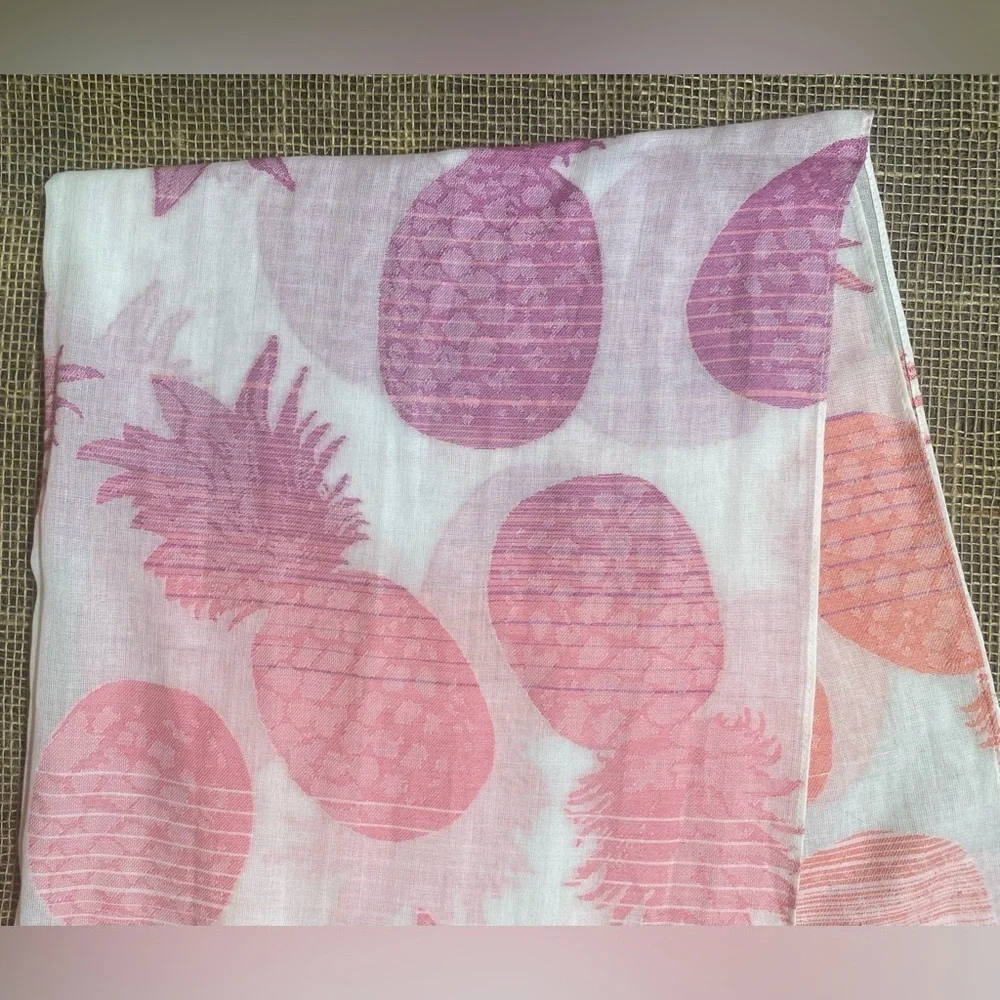 Scarf White With Pink Peach & Purple Pineapples Fringe